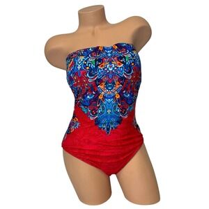 Ralph Lauren Womens Sz 12 Strapless Red Halter Paisley One Piece Swimsuit Padded